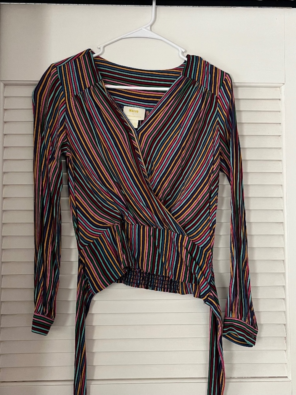 Maeve Lisa Rainbow Striped Banded Wrap Top with Shirred Back - US 2